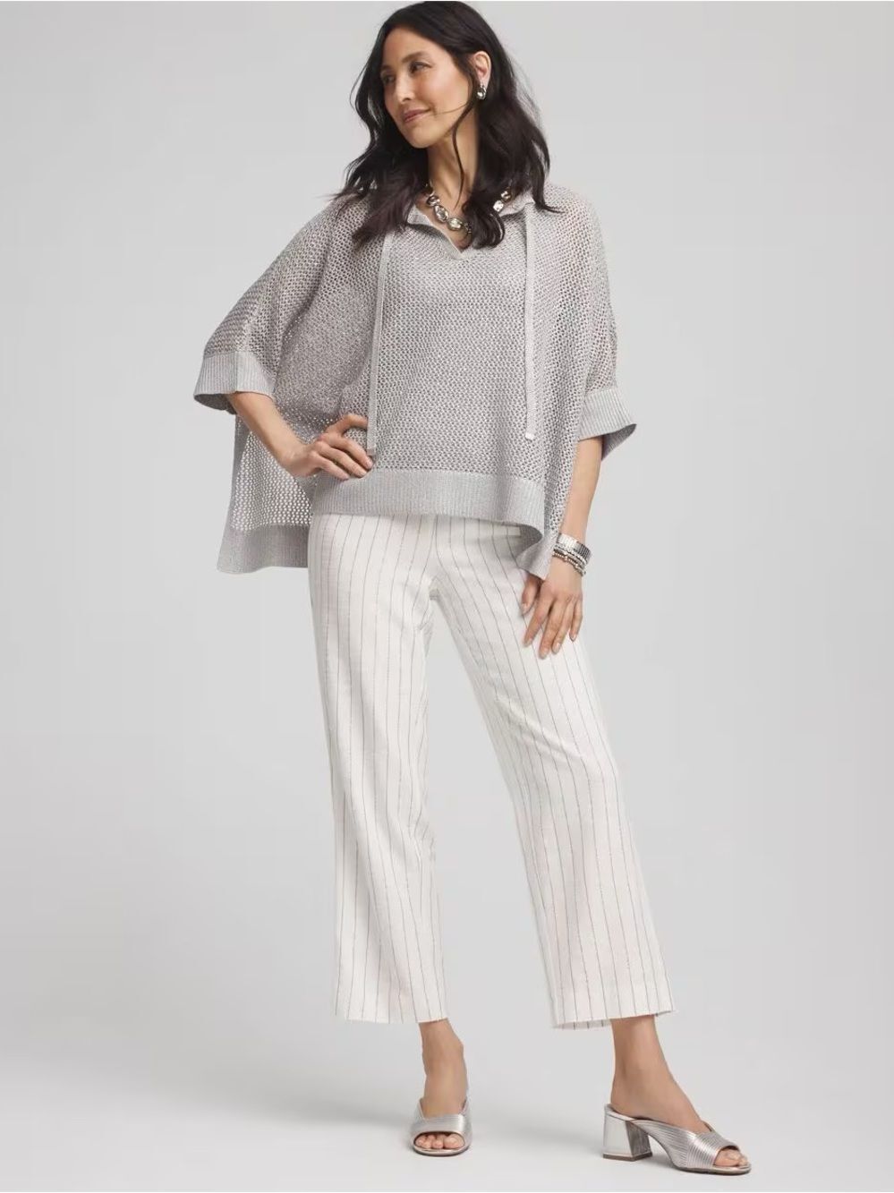 Chico's Metallic Striped White Silver Pinstripe Straight Leg Pants size 3 New